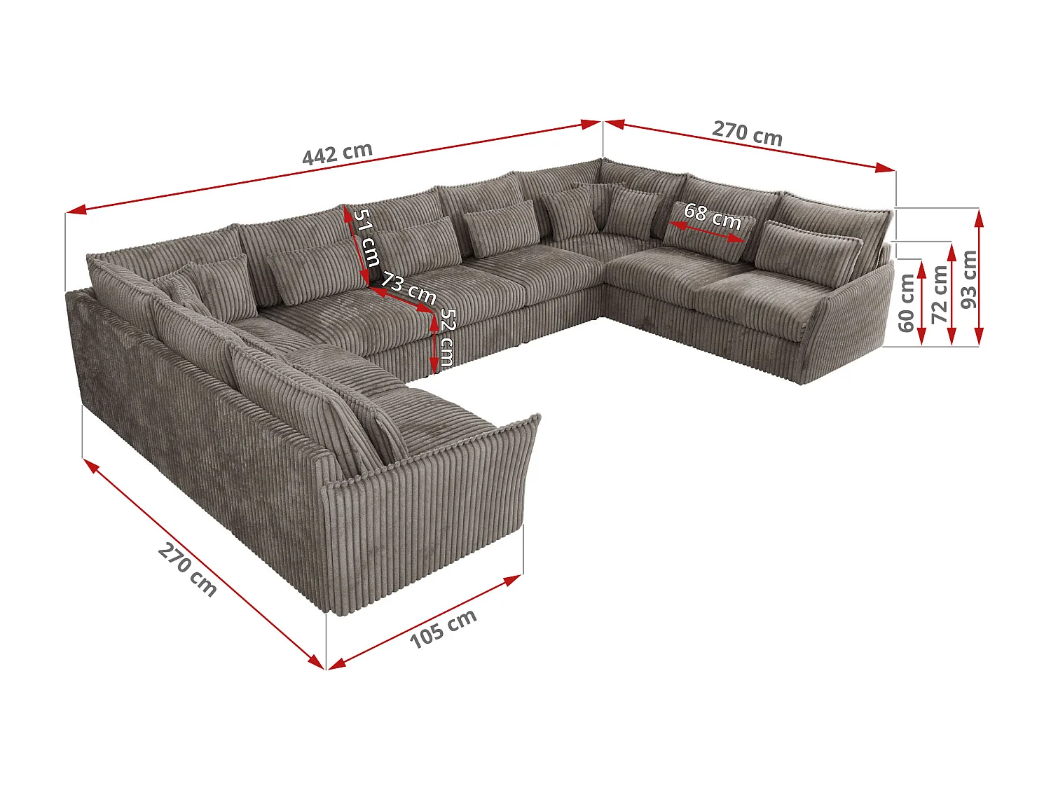 Ecksofa VERSO U9M - XXL Wohnlandschaft Ecke, modulare, Armlehnen und lose Kissen - Hellbraun Cord
