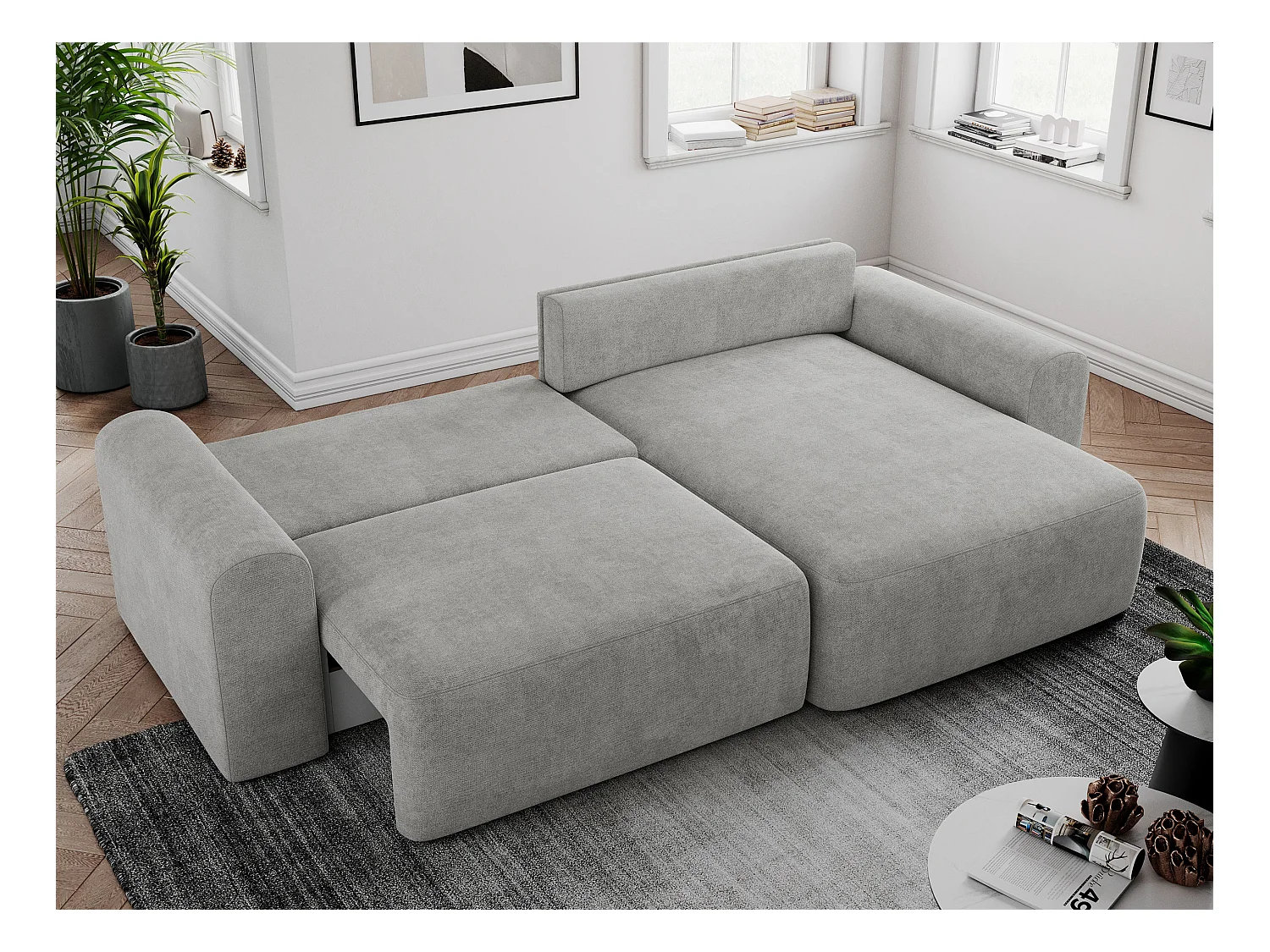 Ecksofa NELSON - Schlafcouch mit Armlehnen und Bettkasten, universelles L-förmige Ecksofa - Hellgrau Stukture