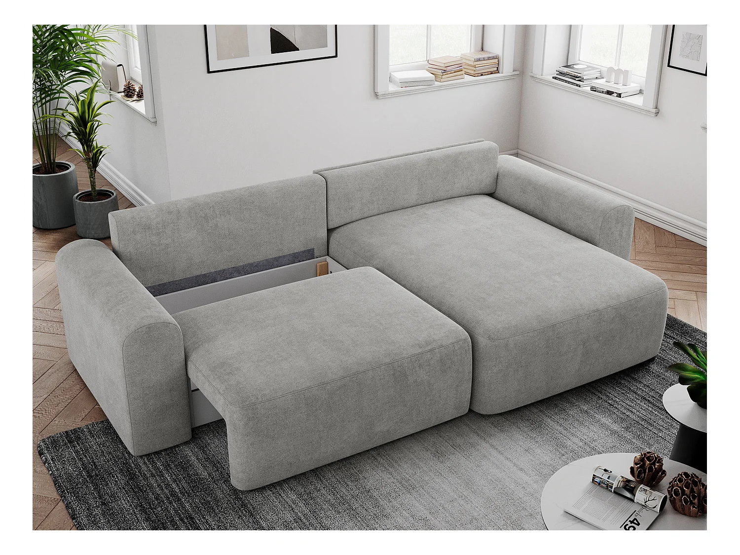 Ecksofa NELSON - Schlafcouch mit Armlehnen und Bettkasten, universelles L-förmige Ecksofa - Hellgrau Stukture