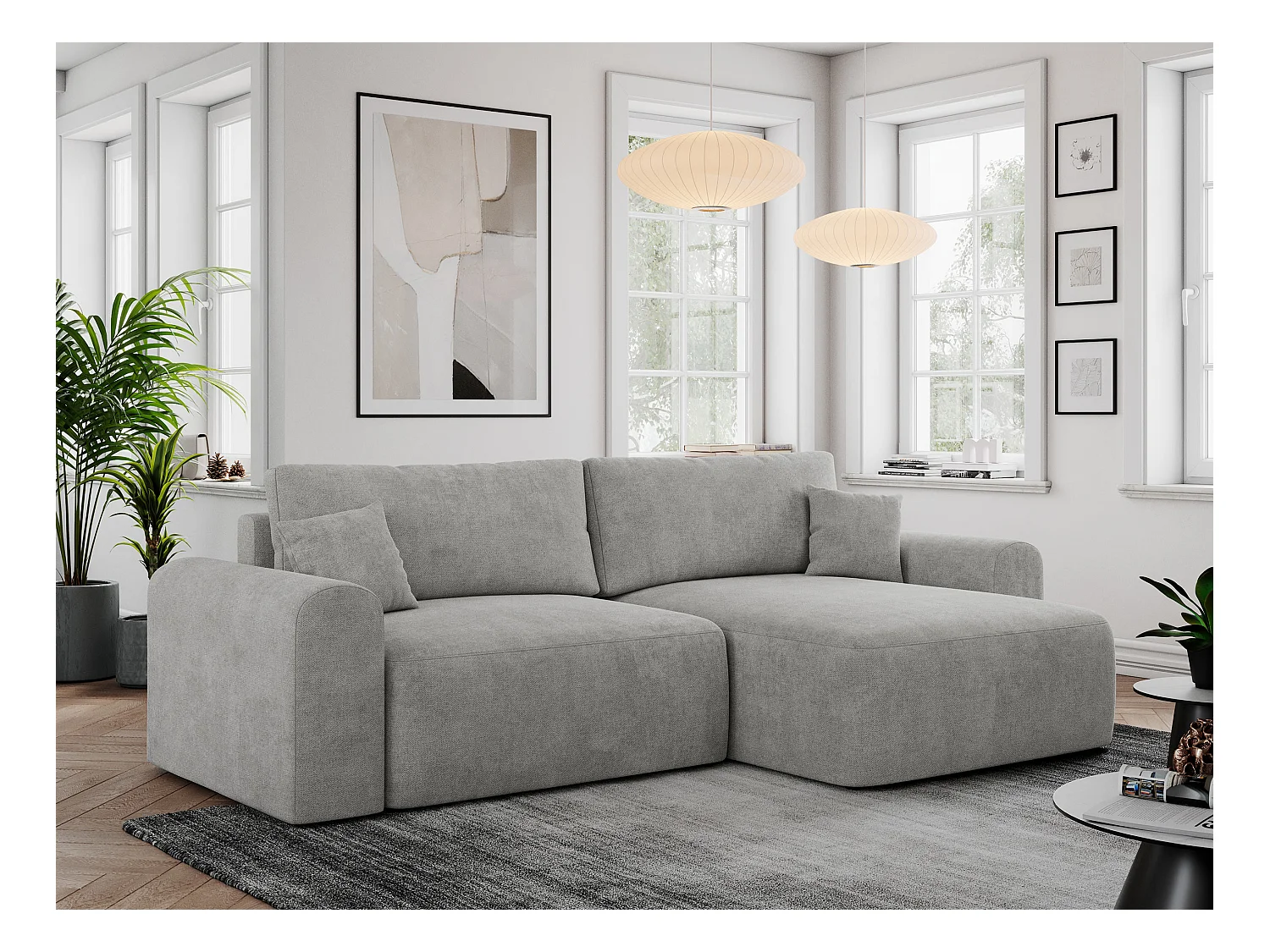 Ecksofa NELSON - Schlafcouch mit Armlehnen und Bettkasten, universelles L-förmige Ecksofa - Hellgrau Stukture