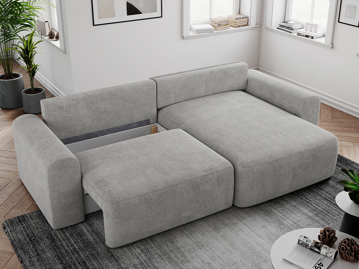 Ecksofa NELSON - Schlafcouch mit Armlehnen und Bettkasten, universelles L-förmige Ecksofa - Hellgrau Stukture