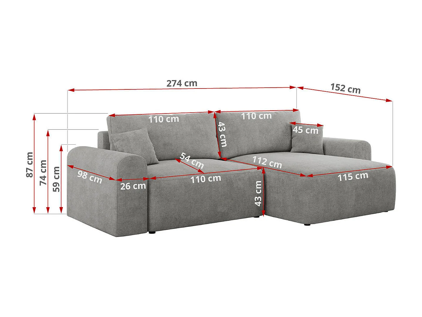 Ecksofa NELSON - Schlafcouch mit Armlehnen und Bettkasten, universelles L-förmige Ecksofa - Hellgrau Stukture