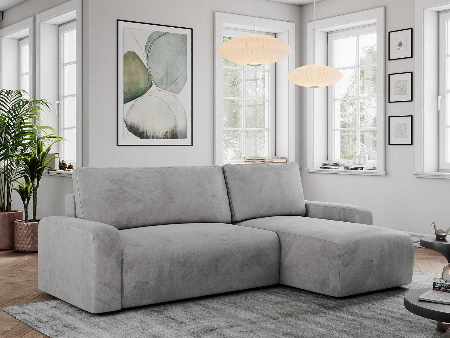 Ecksofa ARGOS - mit Schlaffunktion, Sofa mit armlehnen, Bettkasten, 3-Sitzer Sofa - Hellgrau Velvet