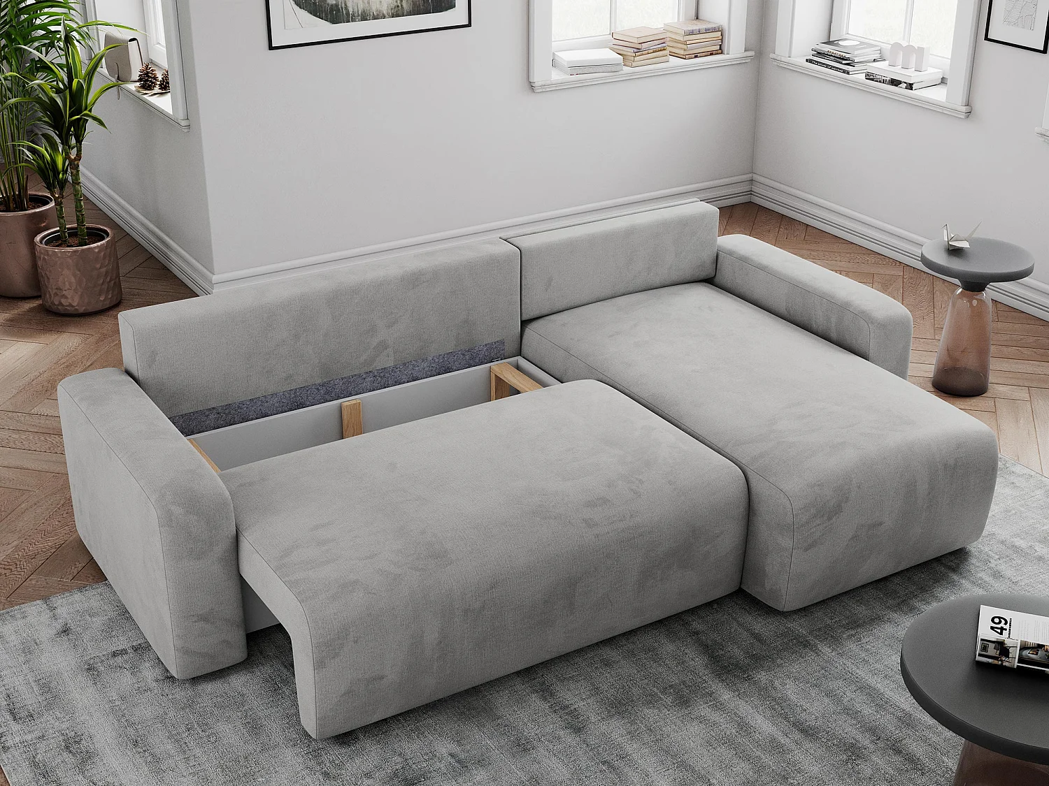 Ecksofa ARGOS - mit Schlaffunktion, Sofa mit armlehnen, Bettkasten, 3-Sitzer Sofa - Hellgrau Velvet