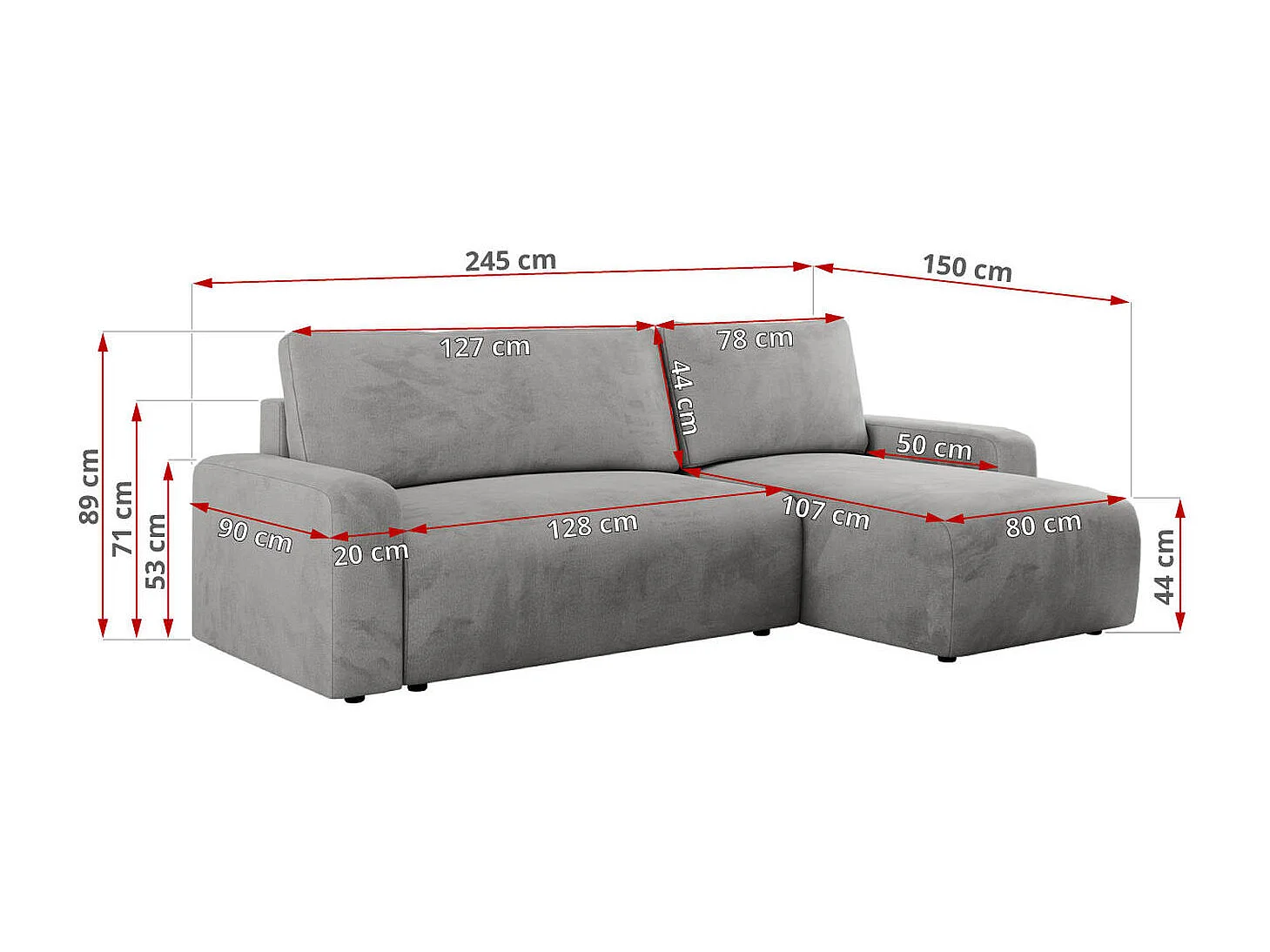 Ecksofa ARGOS - mit Schlaffunktion, Sofa mit armlehnen, Bettkasten, 3-Sitzer Sofa - Hellgrau Velvet