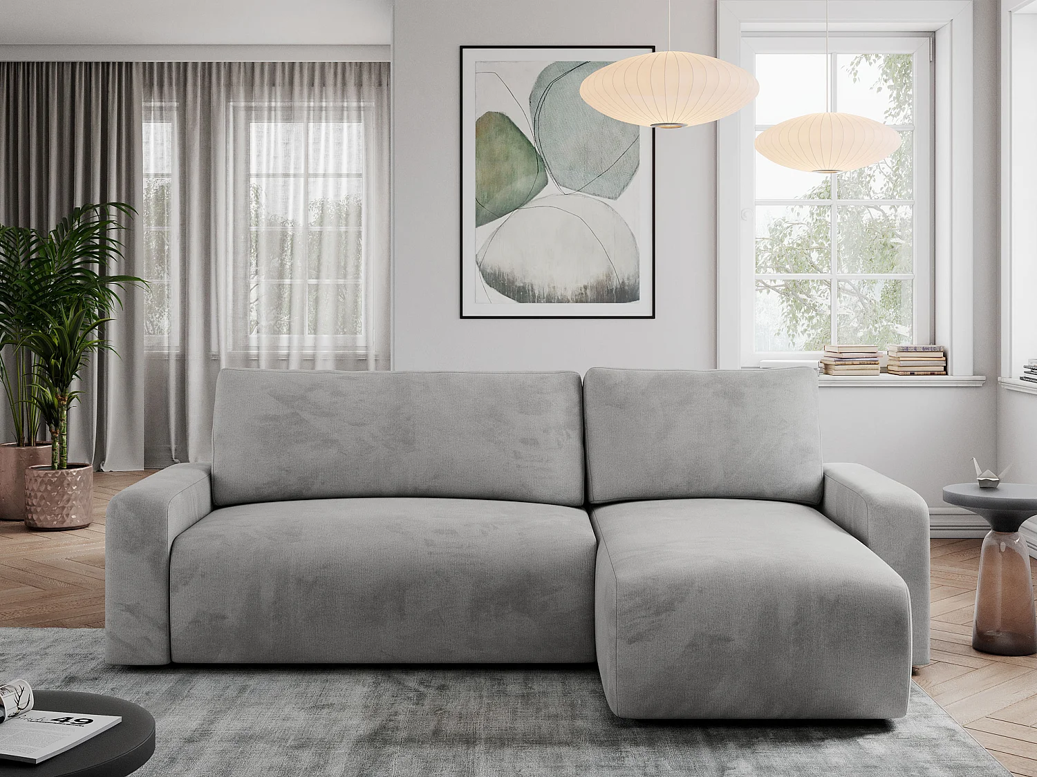 Ecksofa ARGOS - mit Schlaffunktion, Sofa mit armlehnen, Bettkasten, 3-Sitzer Sofa - Hellgrau Velvet