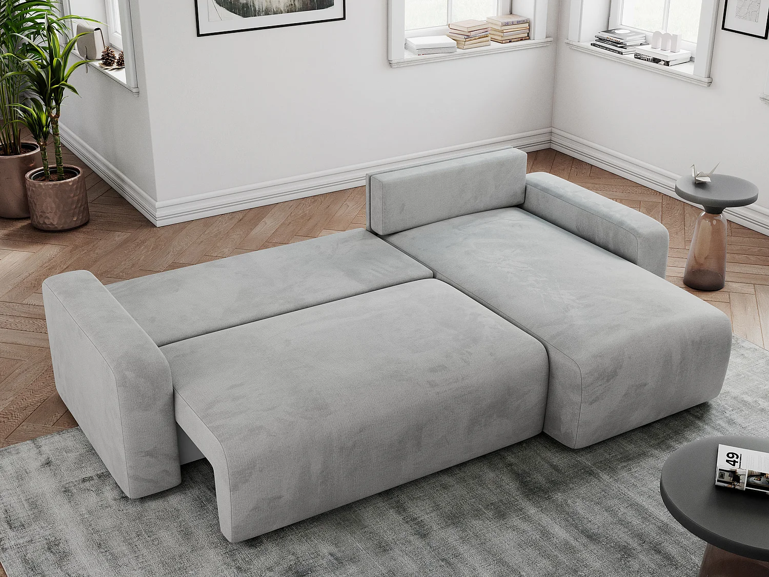 Ecksofa ARGOS - mit Schlaffunktion, Sofa mit armlehnen, Bettkasten, 3-Sitzer Sofa - Hellgrau Velvet