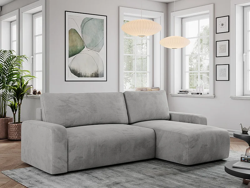 Ecksofa ARGOS - mit Schlaffunktion, Sofa mit armlehnen, Bettkasten, 3-Sitzer Sofa - Hellgrau Velvet