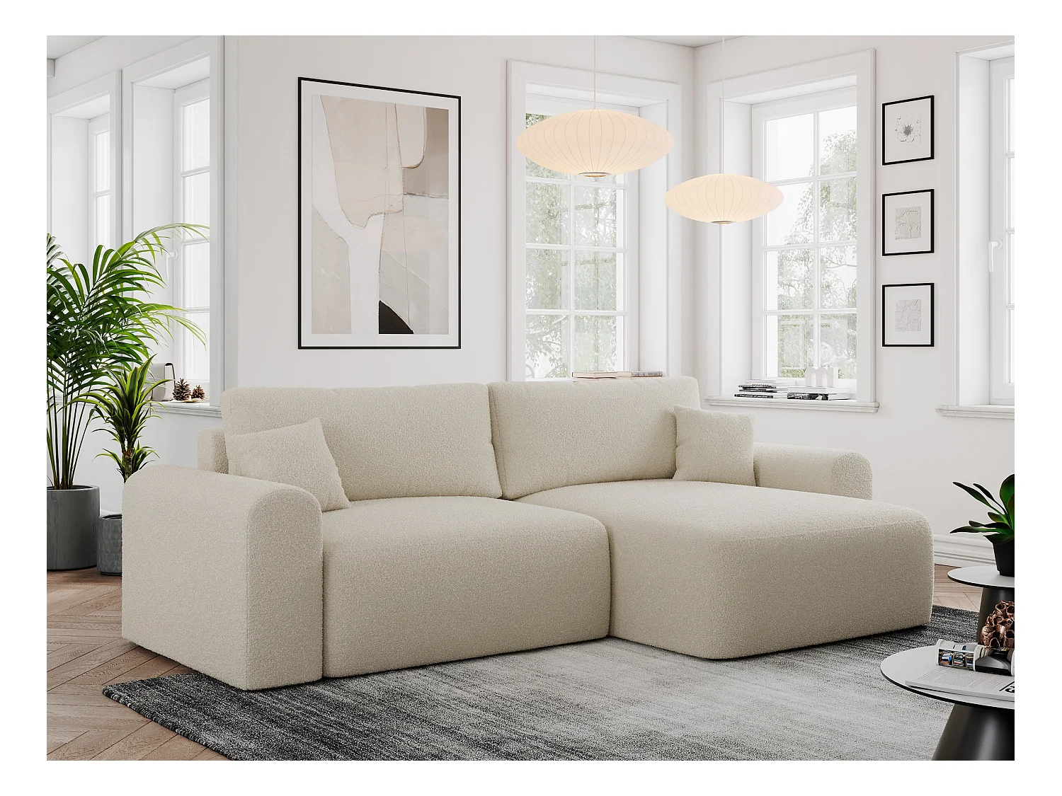 Ecksofa NELSON - Schlafcouch mit Armlehnen und Bettkasten, universelles L-förmige Ecksofa - Beige Boucle