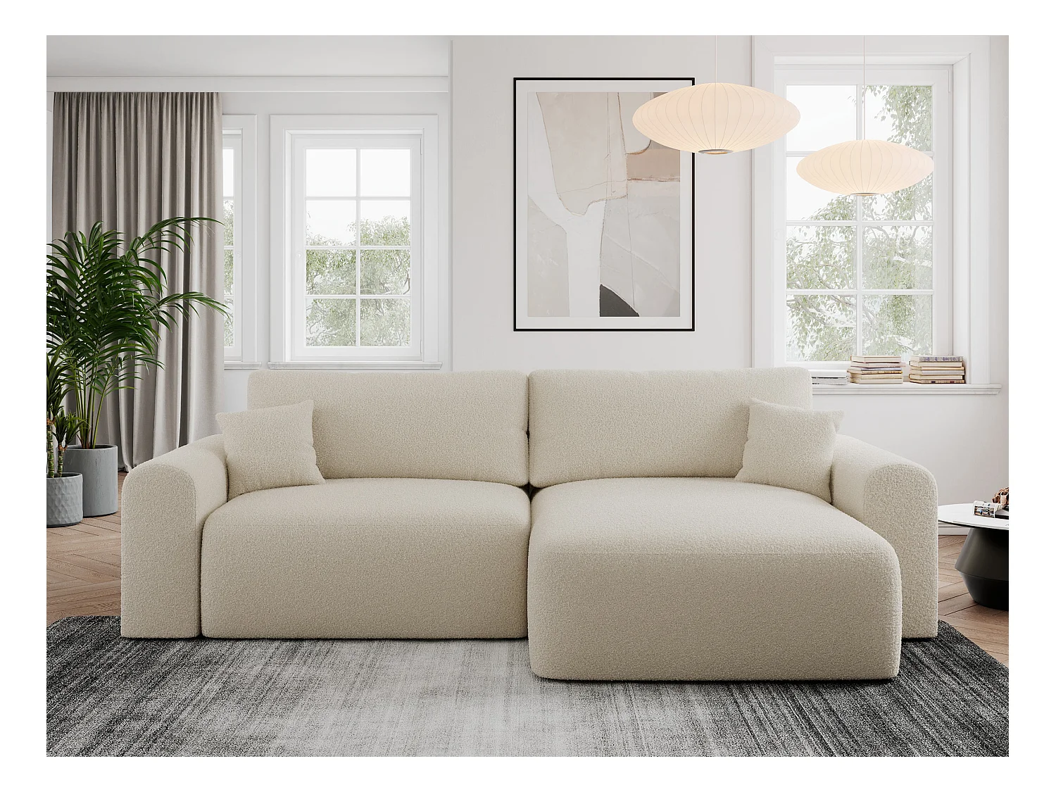 Ecksofa NELSON - Schlafcouch mit Armlehnen und Bettkasten, universelles L-förmige Ecksofa - Beige Boucle