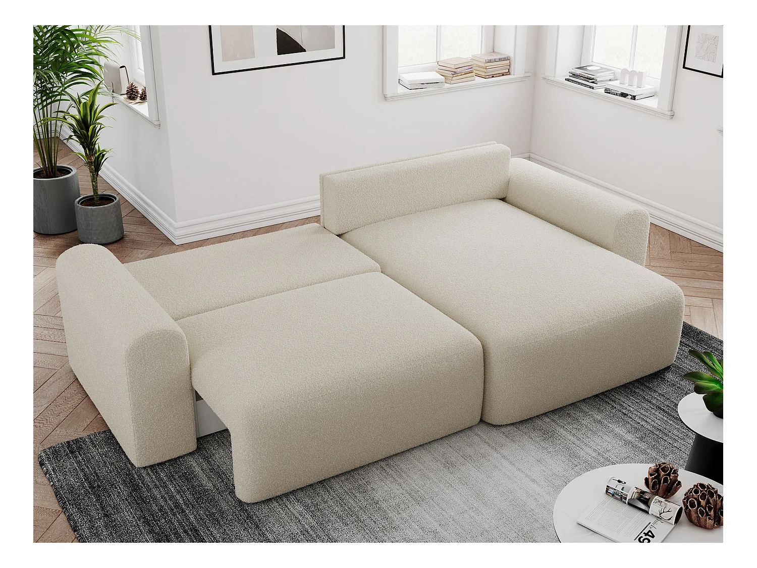 Ecksofa NELSON - Schlafcouch mit Armlehnen und Bettkasten, universelles L-förmige Ecksofa - Beige Boucle