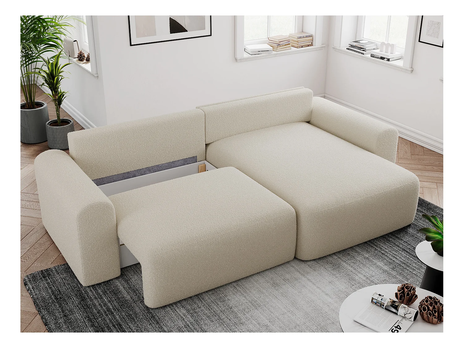 Ecksofa NELSON - Schlafcouch mit Armlehnen und Bettkasten, universelles L-förmige Ecksofa - Beige Boucle