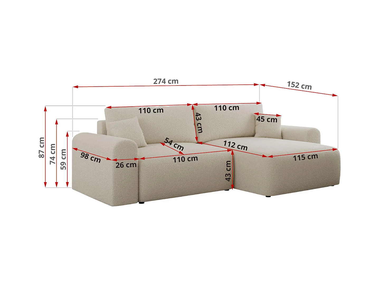 Ecksofa NELSON - Schlafcouch mit Armlehnen und Bettkasten, universelles L-förmige Ecksofa - Beige Boucle