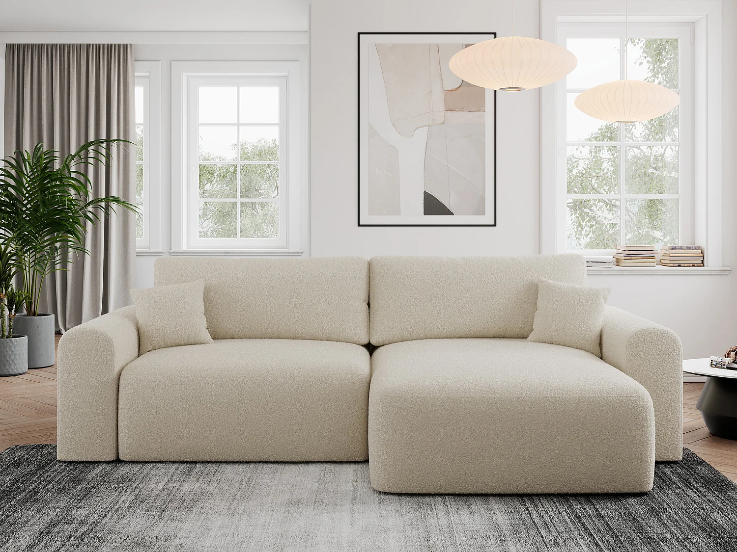 Ecksofa NELSON - Schlafcouch mit Armlehnen und Bettkasten, universelles L-förmige Ecksofa - Beige Boucle