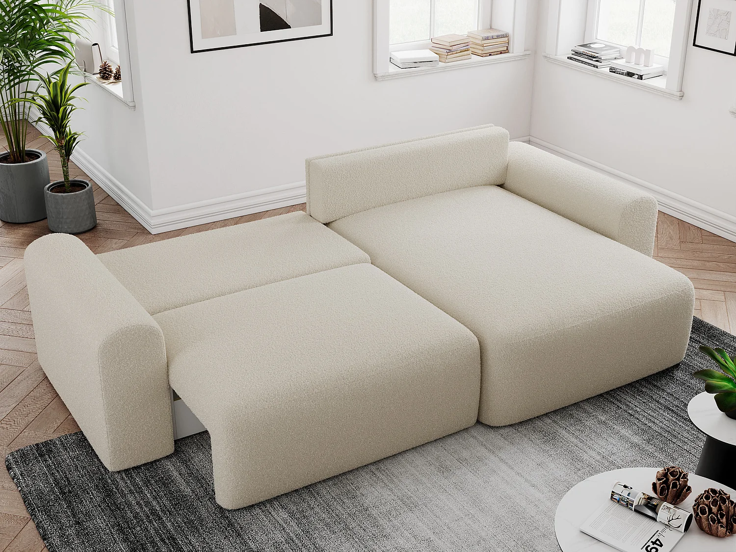 Ecksofa NELSON - Schlafcouch mit Armlehnen und Bettkasten, universelles L-förmige Ecksofa - Beige Boucle