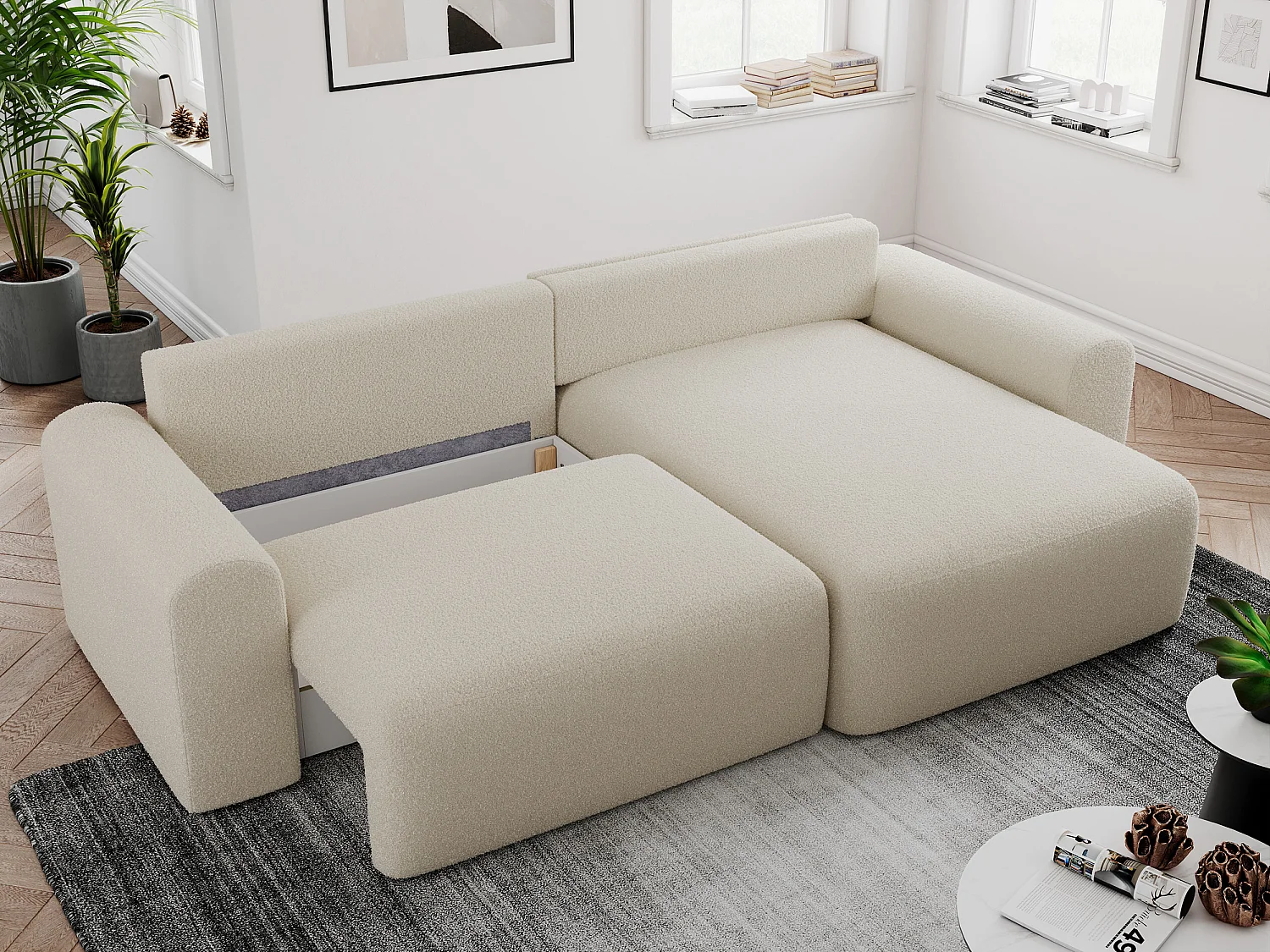 Ecksofa NELSON - Schlafcouch mit Armlehnen und Bettkasten, universelles L-förmige Ecksofa - Beige Boucle