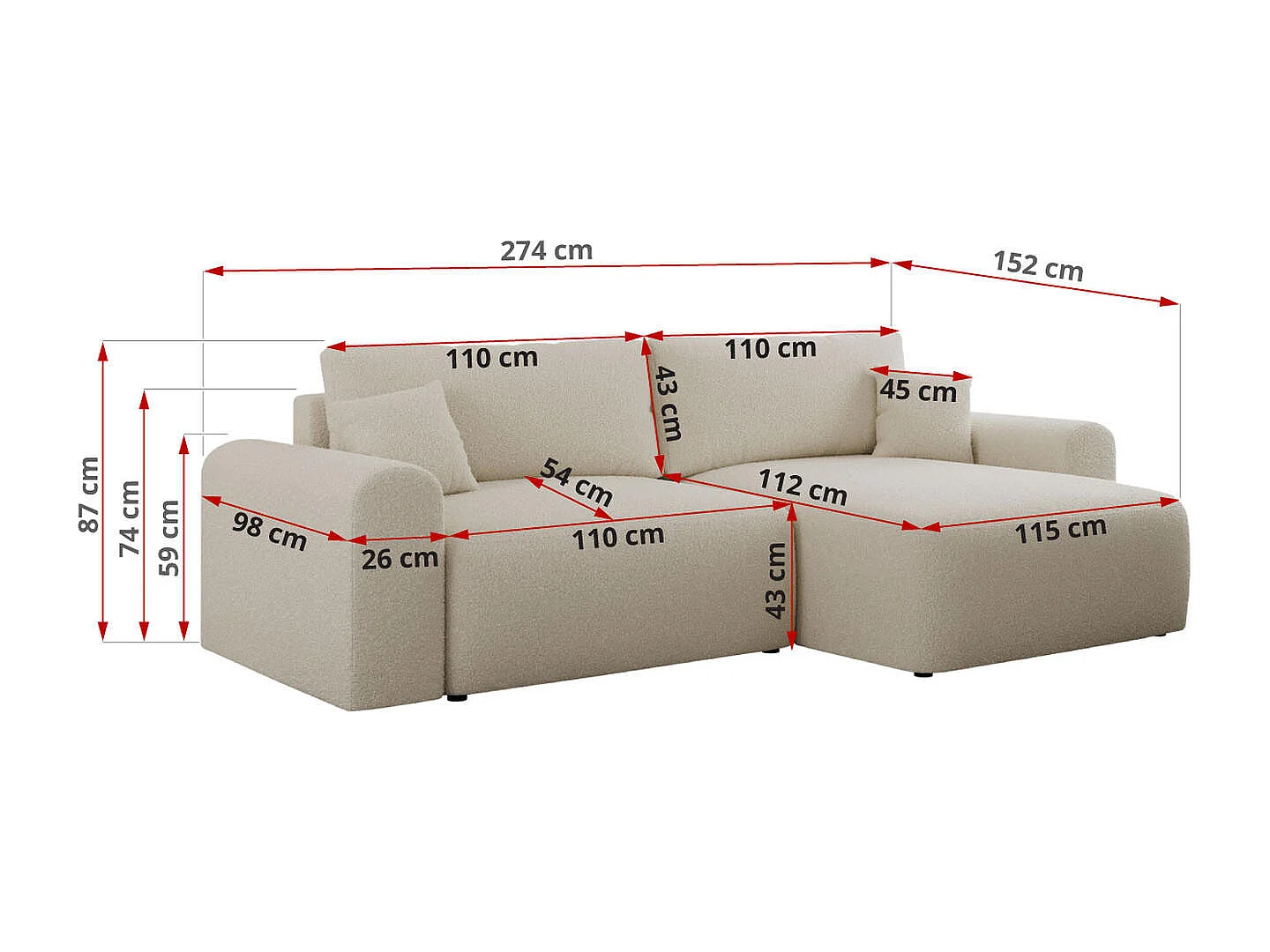 Ecksofa NELSON - Schlafcouch mit Armlehnen und Bettkasten, universelles L-förmige Ecksofa - Beige Boucle