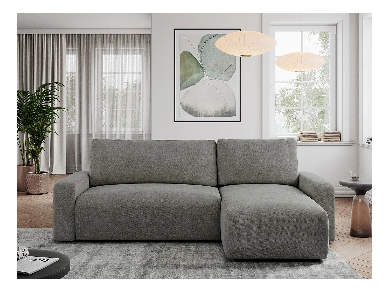 Ecksofa ARGOS - mit Schlaffunktion, Sofa mit armlehnen, Bettkasten, 3-Sitzer Sofa - Grau Stukture