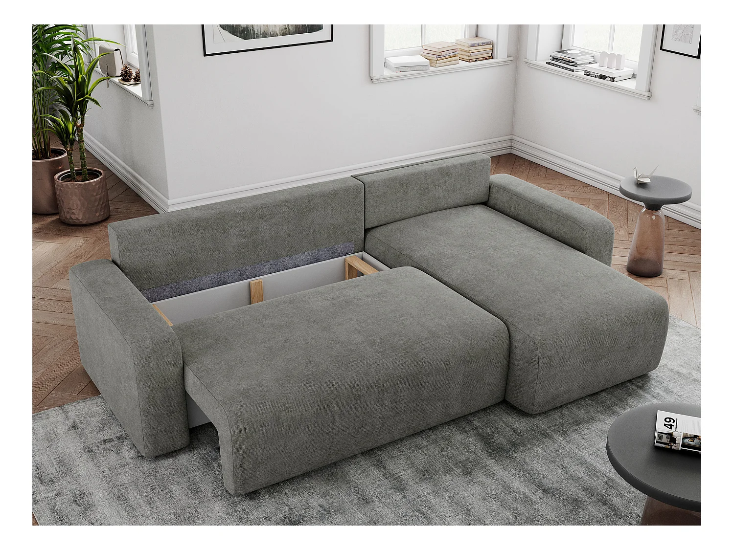 Ecksofa ARGOS - mit Schlaffunktion, Sofa mit armlehnen, Bettkasten, 3-Sitzer Sofa - Grau Stukture