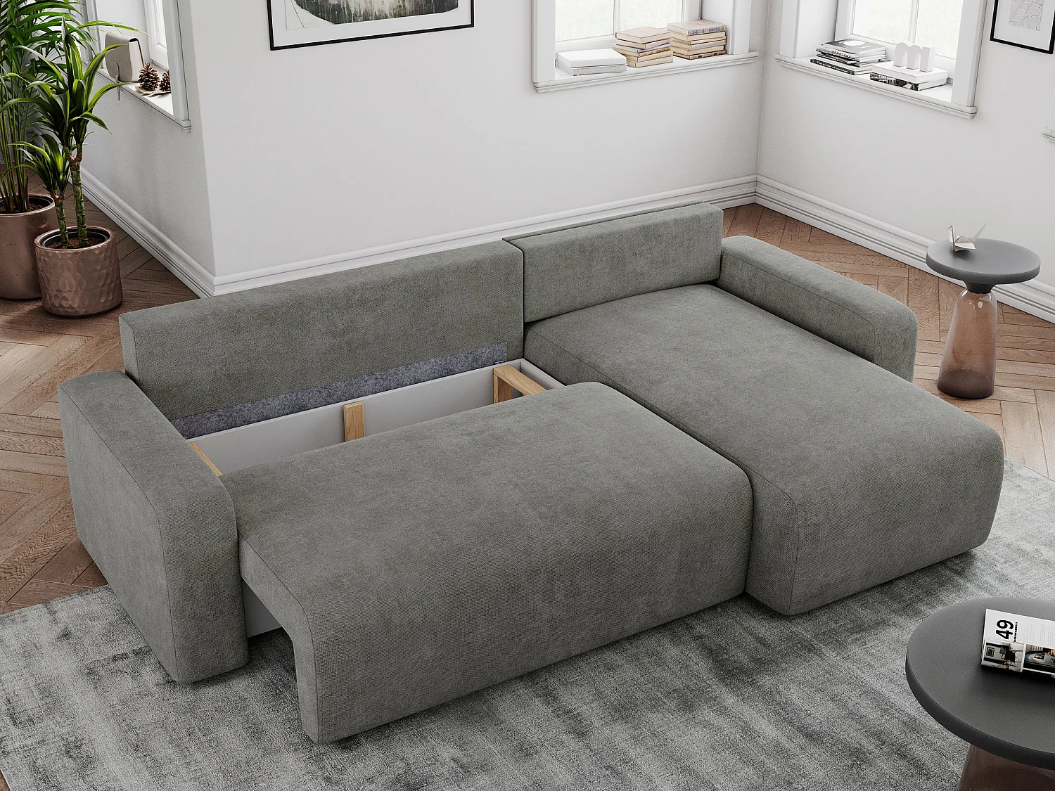 Ecksofa ARGOS - mit Schlaffunktion, Sofa mit armlehnen, Bettkasten, 3-Sitzer Sofa - Grau Stukture