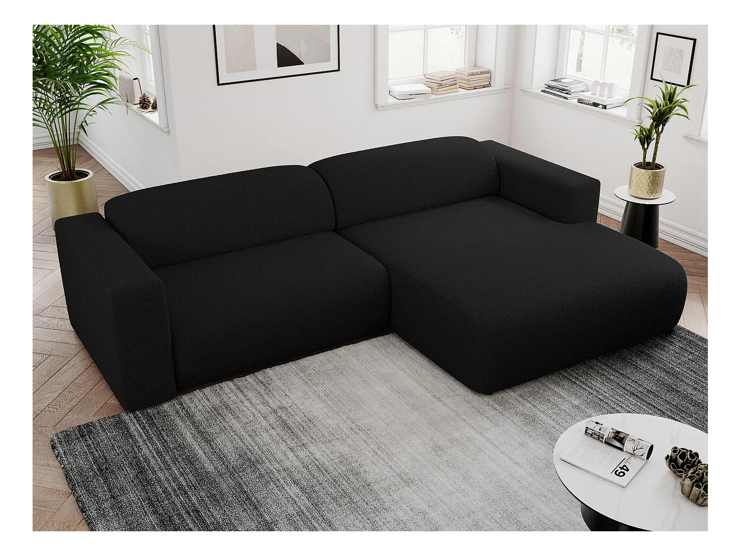 Ecksofa PASADENA - mit Armlehnen, Wohnlandschaft, freistehendes Sofa, große Ecke - Schwarz Boucle - Ecke Rechts