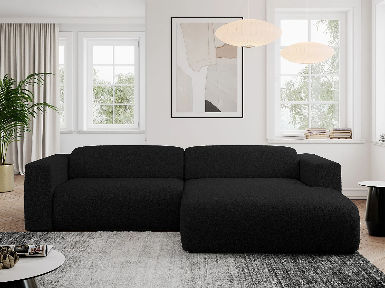 Ecksofa PASADENA - mit Armlehnen, Wohnlandschaft, freistehendes Sofa, große Ecke - Schwarz Boucle - Ecke Rechts
