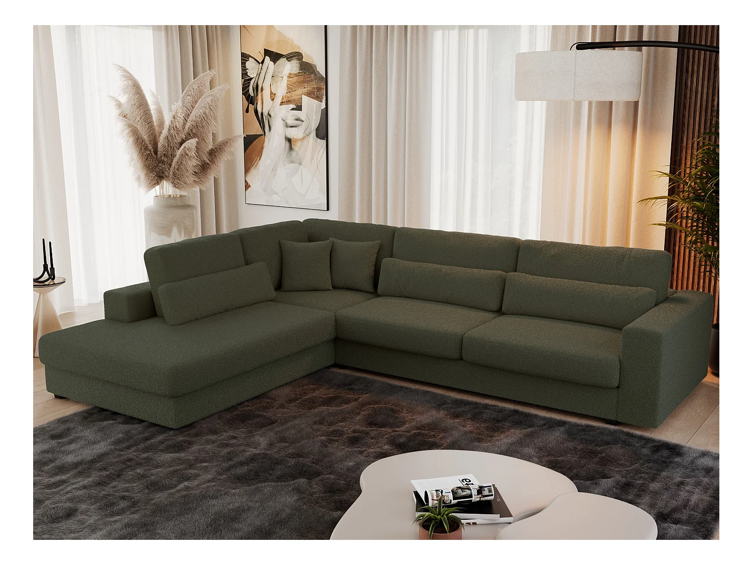 Ecksofa SAVONA - mit Armlehnen, lose Kissen, große L-förmige Ecke, Wohnlandschaft - Grün Boucle - Ecke Links