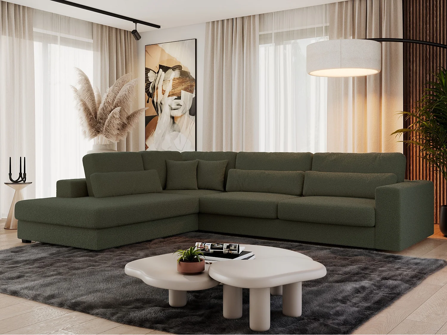 Ecksofa SAVONA - mit Armlehnen, lose Kissen, große L-förmige Ecke, Wohnlandschaft - Grün Boucle - Ecke Links