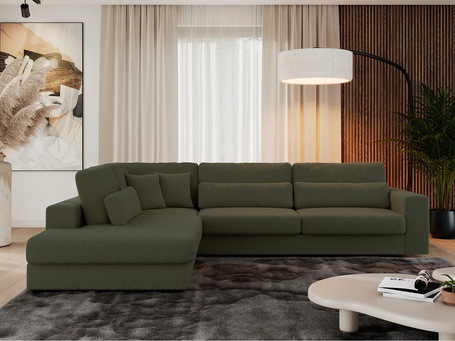 Ecksofa SAVONA - mit Armlehnen, lose Kissen, große L-förmige Ecke, Wohnlandschaft - Grün Boucle - Ecke Links