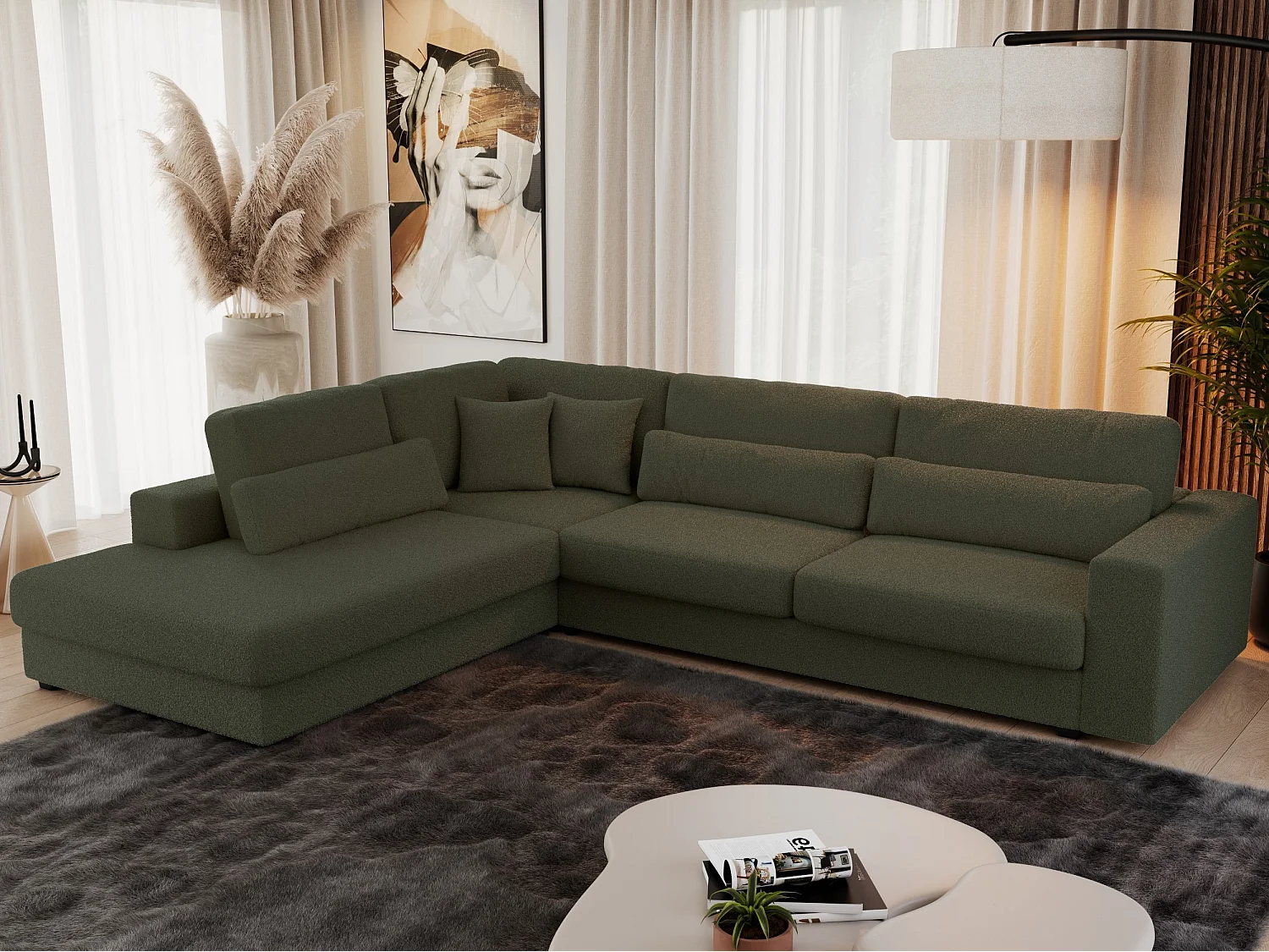 Ecksofa SAVONA - mit Armlehnen, lose Kissen, große L-förmige Ecke, Wohnlandschaft - Grün Boucle - Ecke Links