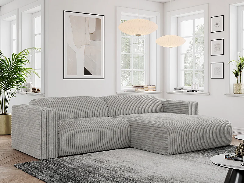 Ecksofa PASADENA - mit Armlehnen, Wohnlandschaft, freistehendes Sofa, große Ecke - Hellgrau Cord - Ecke Rechts
