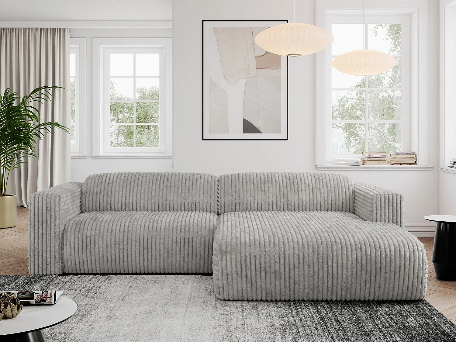 Ecksofa PASADENA - mit Armlehnen, Wohnlandschaft, freistehendes Sofa, große Ecke - Hellgrau Cord - Ecke Rechts