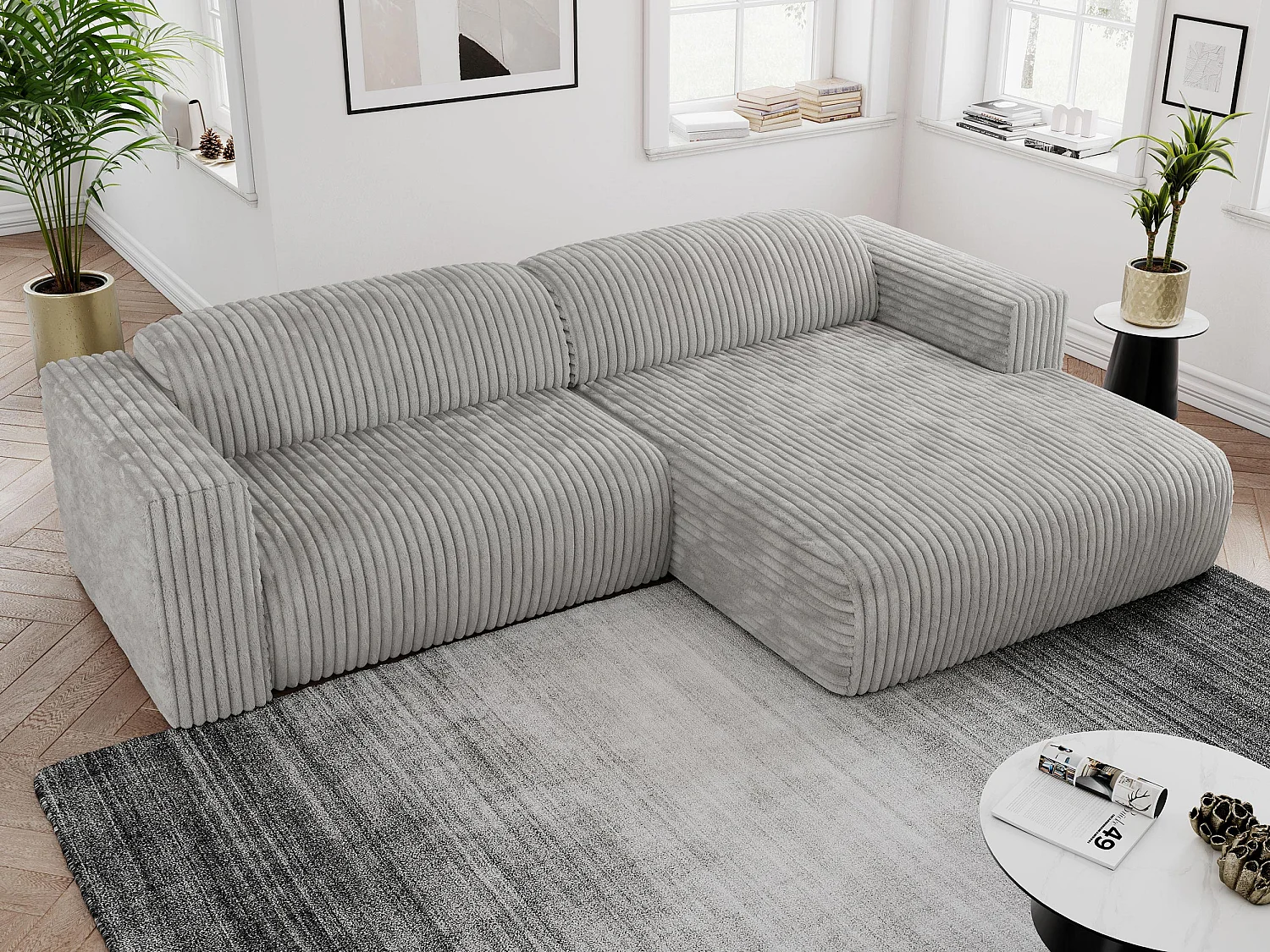 Ecksofa PASADENA - mit Armlehnen, Wohnlandschaft, freistehendes Sofa, große Ecke - Hellgrau Cord - Ecke Rechts