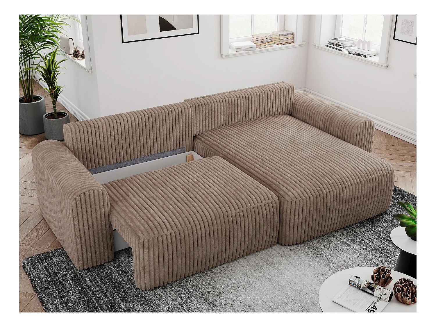 Ecksofa NELSON - Schlafcouch mit Armlehnen und Bettkasten, universelles L-förmige Ecksofa - Braun Cord