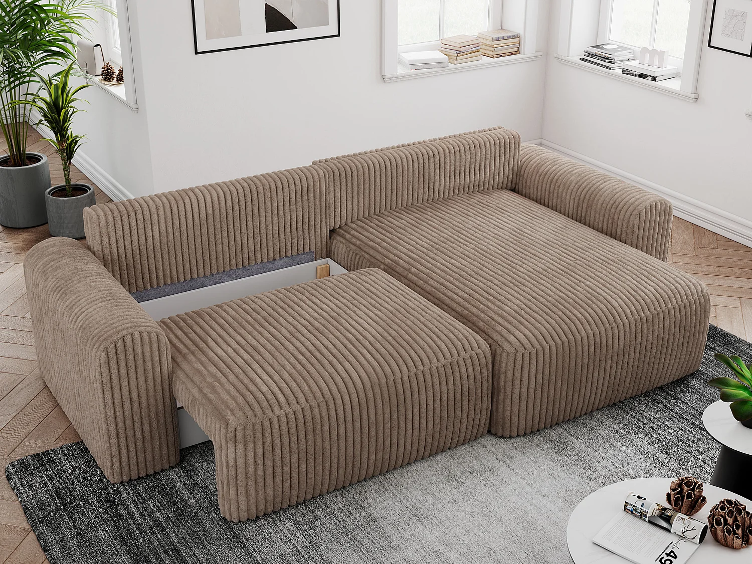 Ecksofa NELSON - Schlafcouch mit Armlehnen und Bettkasten, universelles L-förmige Ecksofa - Braun Cord