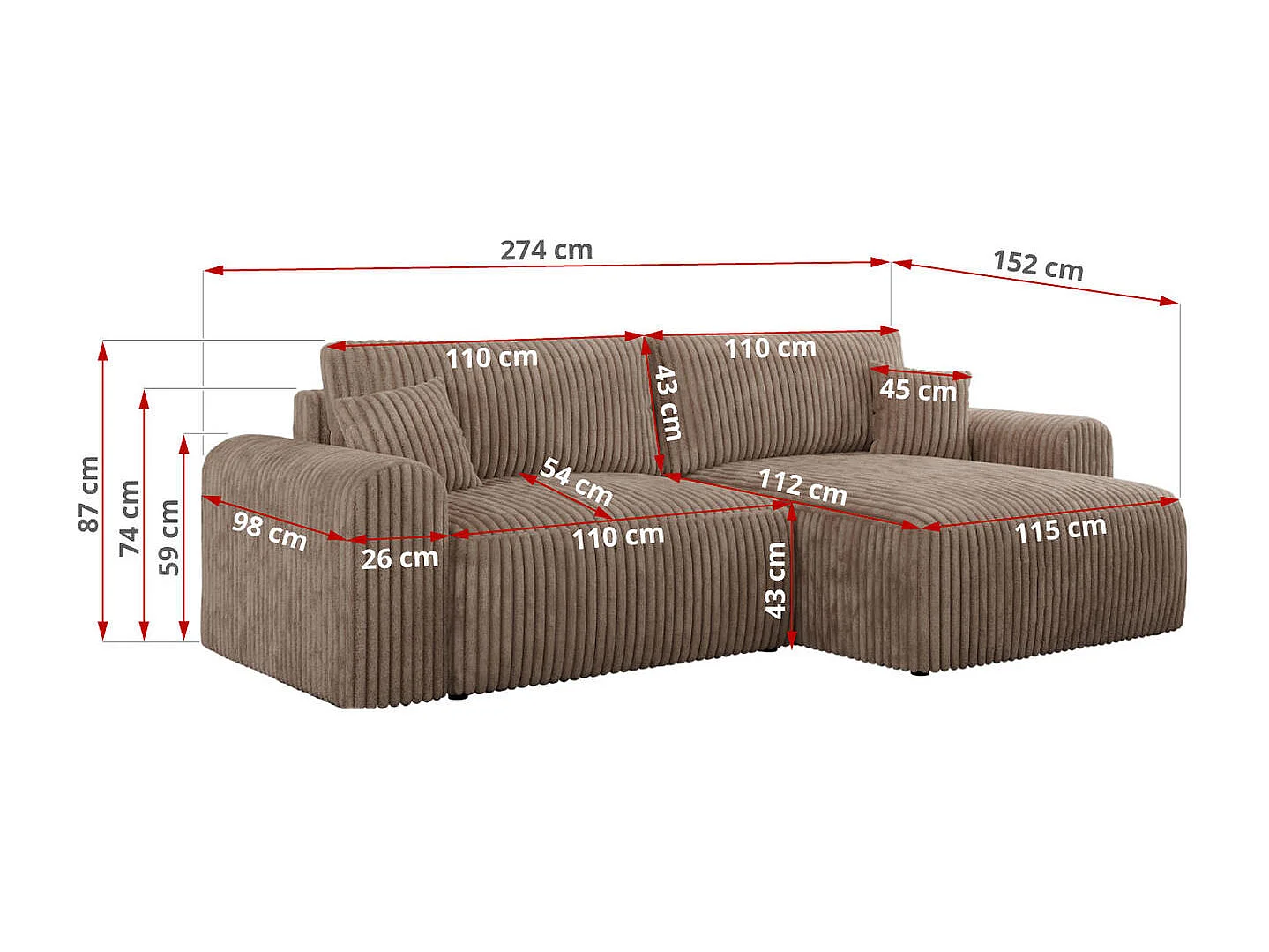 Ecksofa NELSON - Schlafcouch mit Armlehnen und Bettkasten, universelles L-förmige Ecksofa - Braun Cord