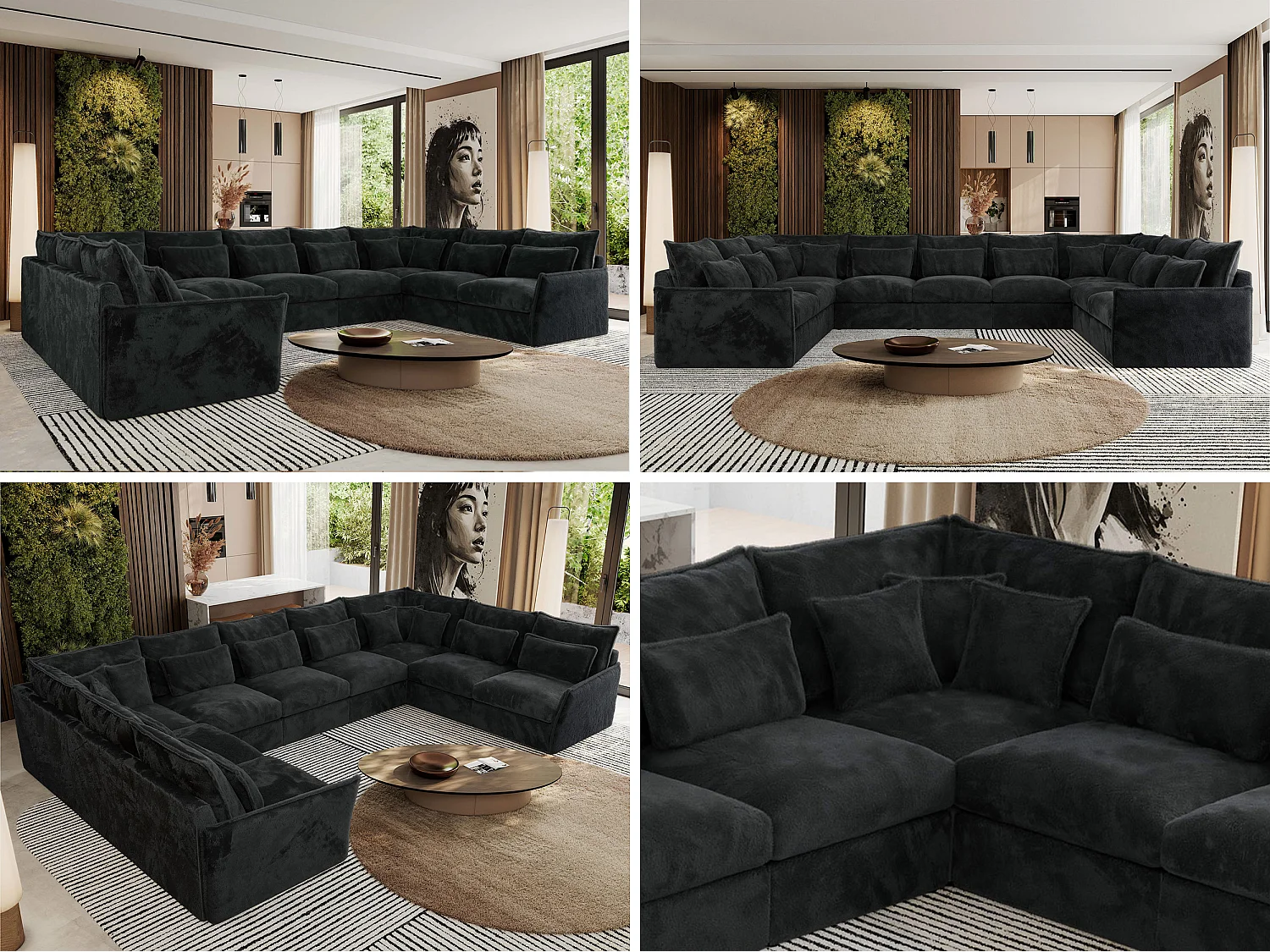 Ecksofa VERSO U9M - XXL Wohnlandschaft Ecke, modulare, Armlehnen und lose Kissen - Dunkelgrau Plüsch