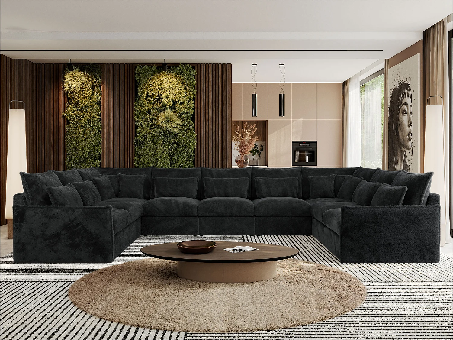 Ecksofa VERSO U9M - XXL Wohnlandschaft Ecke, modulare, Armlehnen und lose Kissen - Dunkelgrau Plüsch