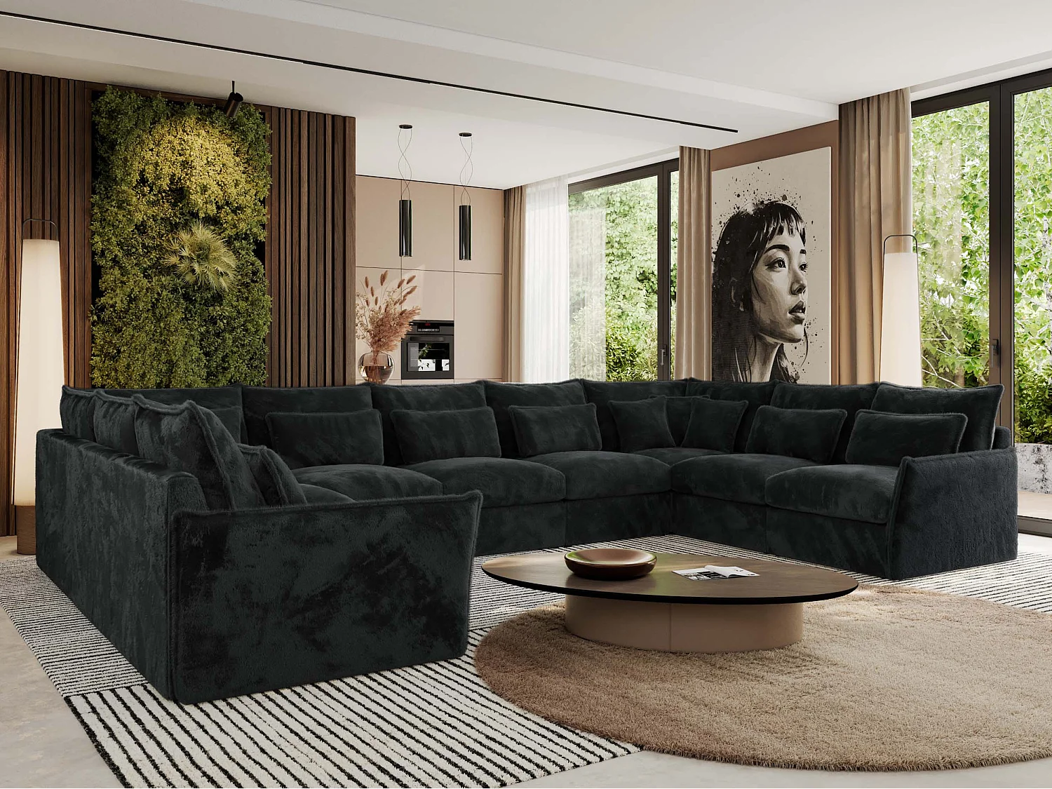 Ecksofa VERSO U9M - XXL Wohnlandschaft Ecke, modulare, Armlehnen und lose Kissen - Dunkelgrau Plüsch