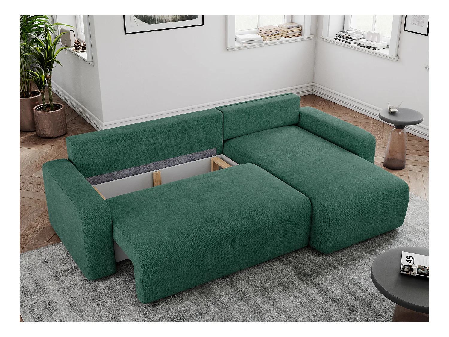 Ecksofa ARGOS - mit Schlaffunktion, Sofa mit armlehnen, Bettkasten, 3-Sitzer Sofa - Grün Stukture