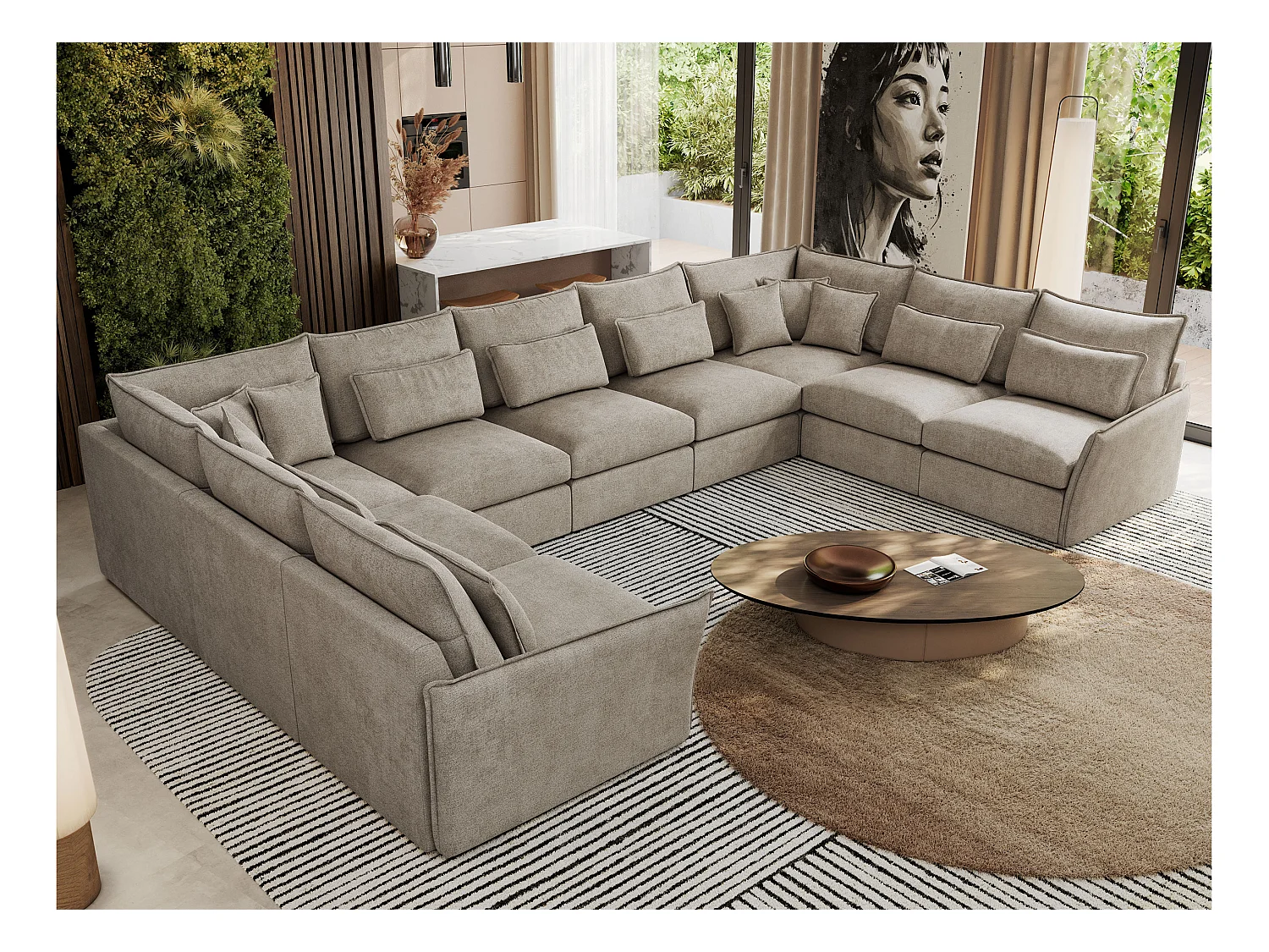 Ecksofa VERSO U9M - XXL Wohnlandschaft Ecke, modulare, Armlehnen und lose Kissen - Beige Strukture