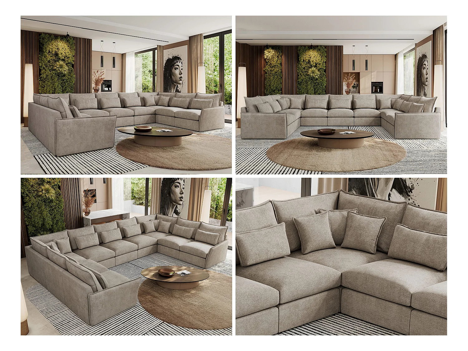 Ecksofa VERSO U9M - XXL Wohnlandschaft Ecke, modulare, Armlehnen und lose Kissen - Beige Strukture