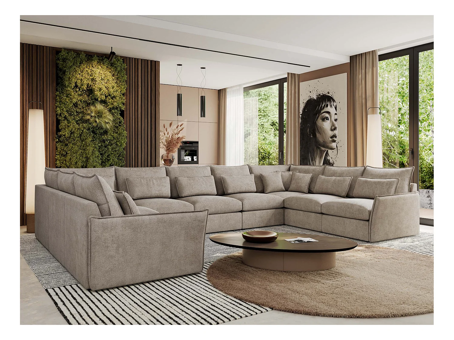 Ecksofa VERSO U9M - XXL Wohnlandschaft Ecke, modulare, Armlehnen und lose Kissen - Beige Strukture