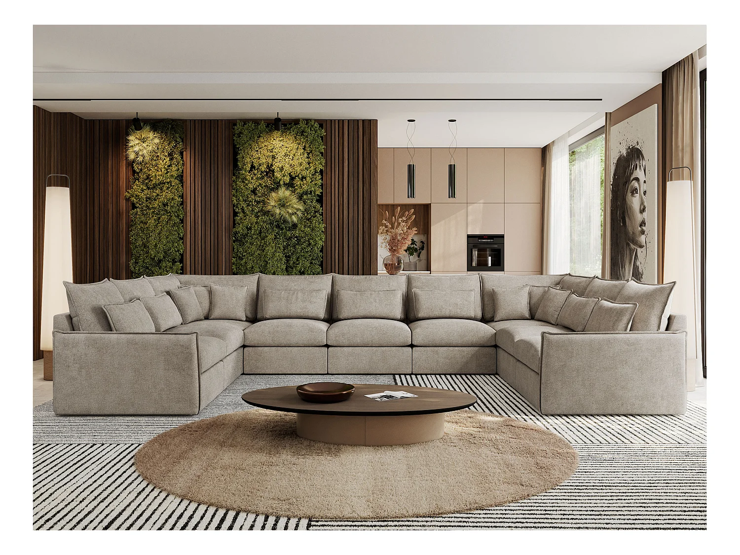 Ecksofa VERSO U9M - XXL Wohnlandschaft Ecke, modulare, Armlehnen und lose Kissen - Beige Strukture