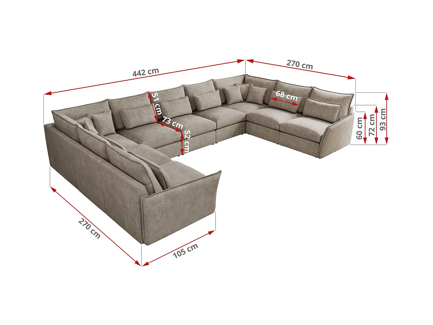 Ecksofa VERSO U9M - XXL Wohnlandschaft Ecke, modulare, Armlehnen und lose Kissen - Beige Strukture