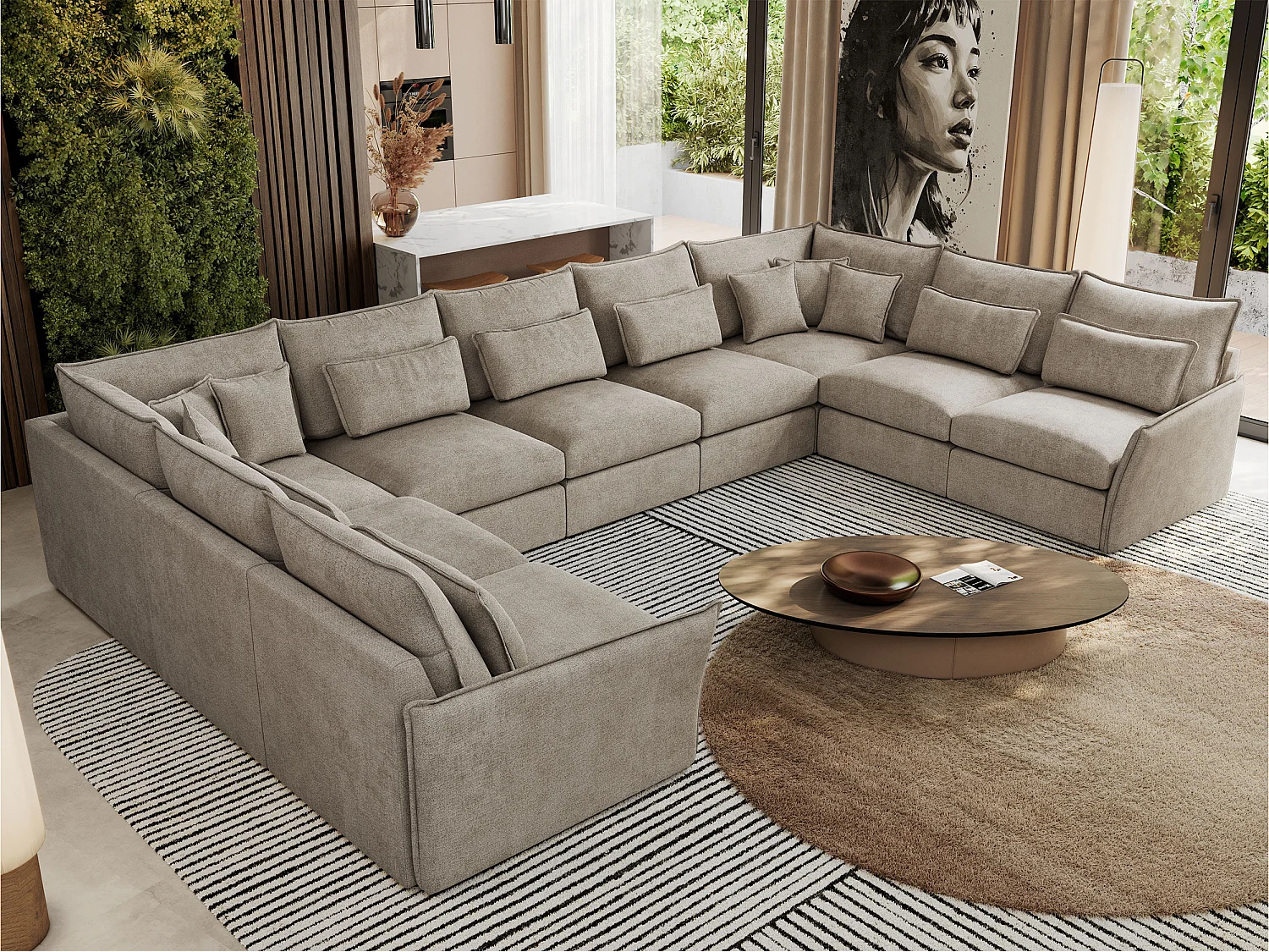 Ecksofa VERSO U9M - XXL Wohnlandschaft Ecke, modulare, Armlehnen und lose Kissen - Beige Strukture