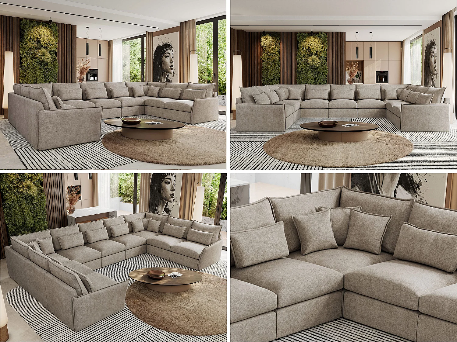 Ecksofa VERSO U9M - XXL Wohnlandschaft Ecke, modulare, Armlehnen und lose Kissen - Beige Strukture