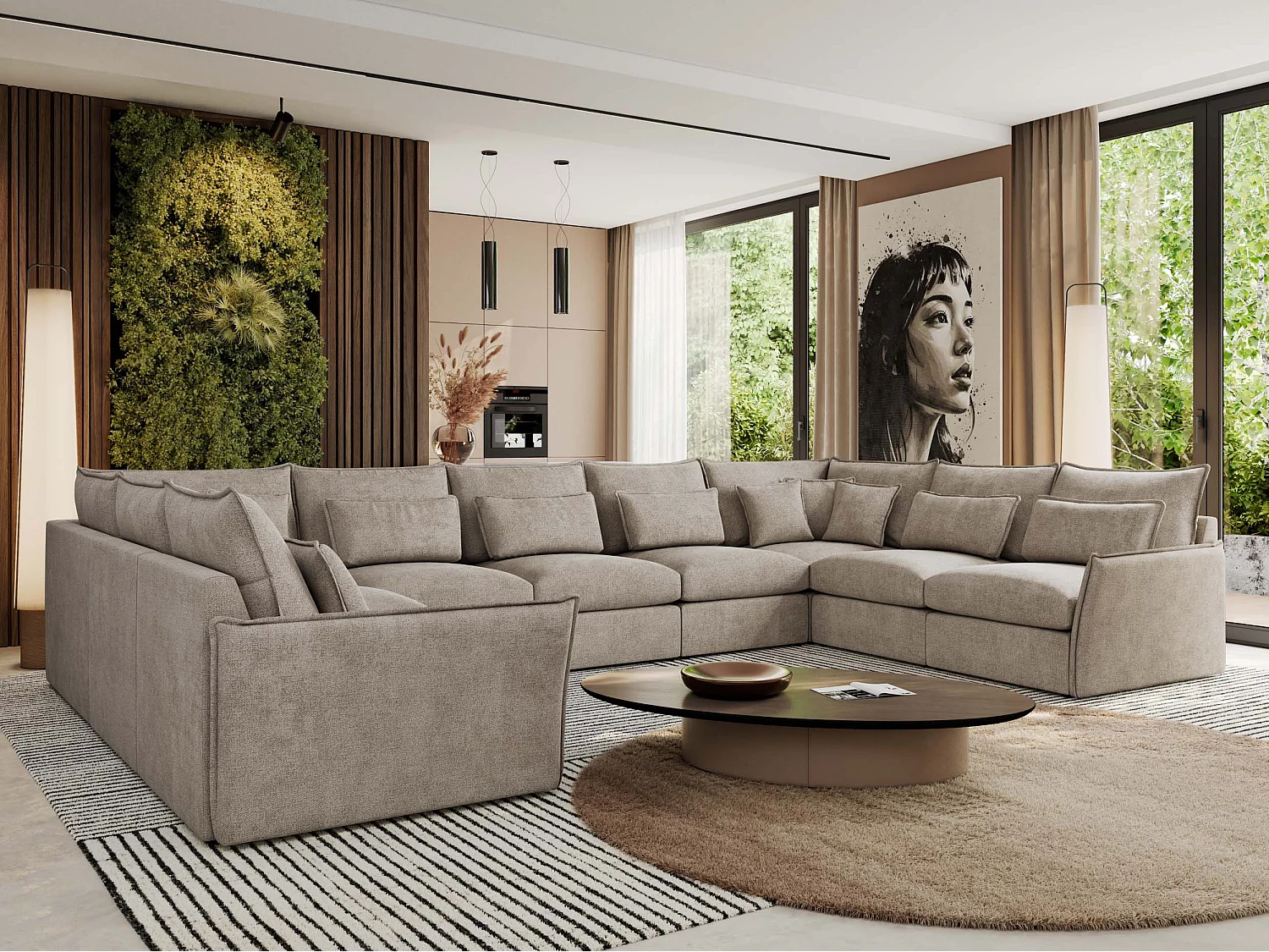 Ecksofa VERSO U9M - XXL Wohnlandschaft Ecke, modulare, Armlehnen und lose Kissen - Beige Strukture