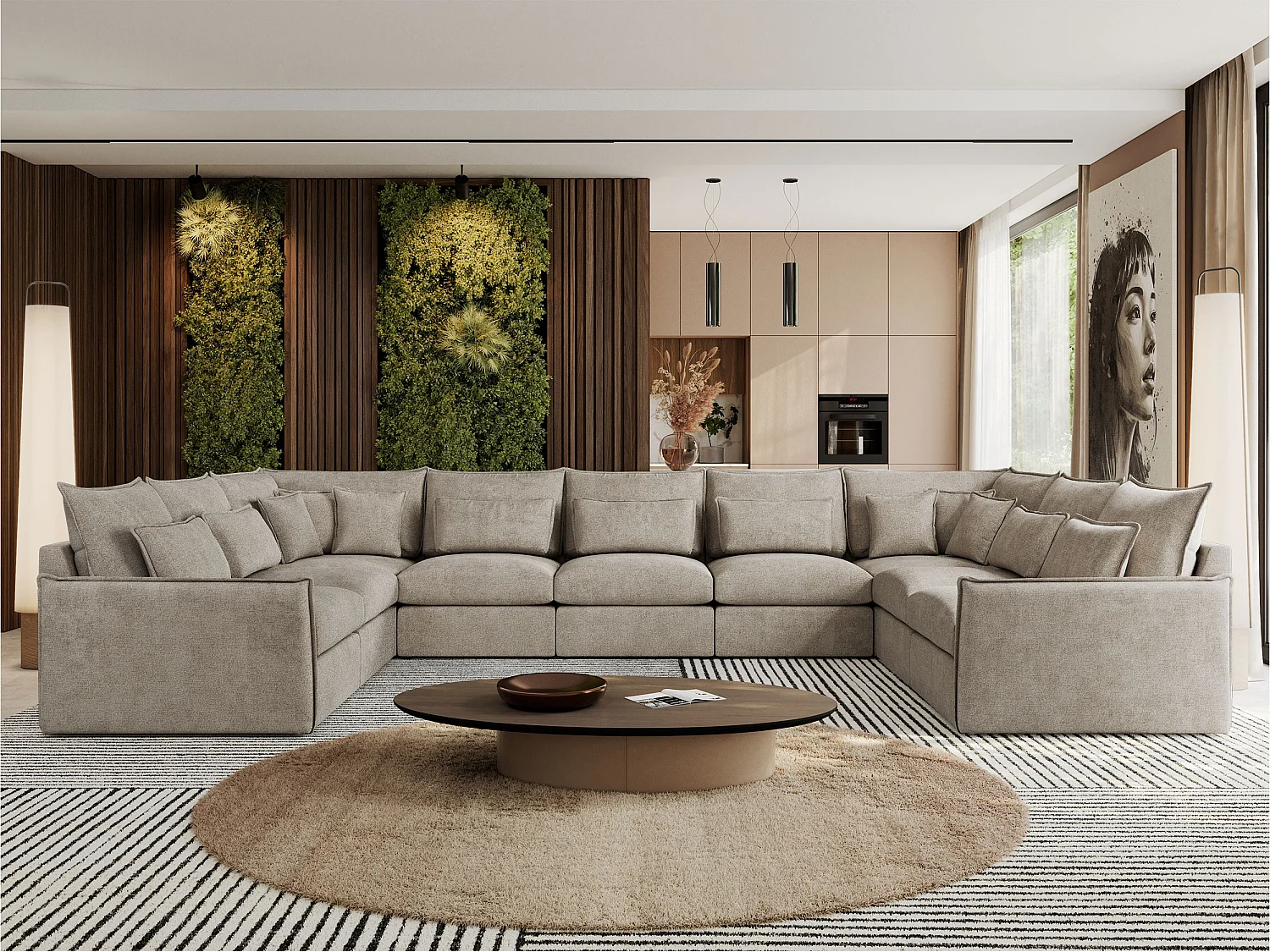 Ecksofa VERSO U9M - XXL Wohnlandschaft Ecke, modulare, Armlehnen und lose Kissen - Beige Strukture