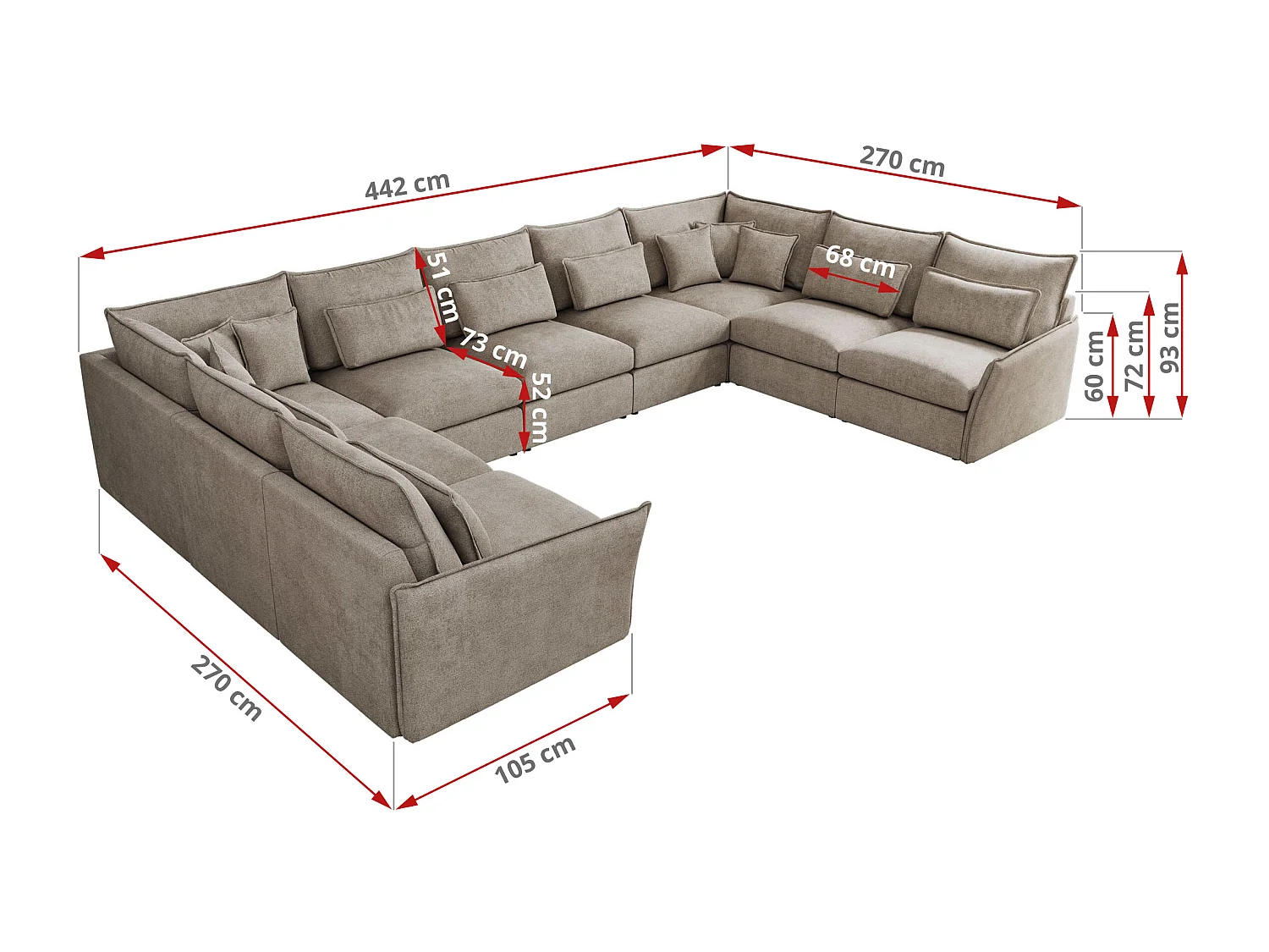 Ecksofa VERSO U9M - XXL Wohnlandschaft Ecke, modulare, Armlehnen und lose Kissen - Beige Strukture